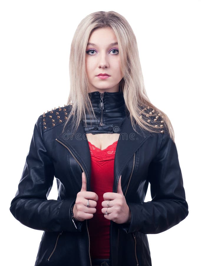 Girl in a leather jacket stock image. Image of long, blouse 38172185