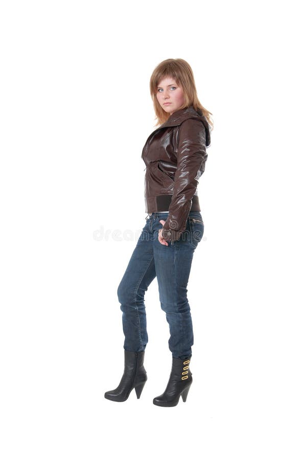 Girl in Leather Jacket and Jeans Stock Image Image of brown, hair