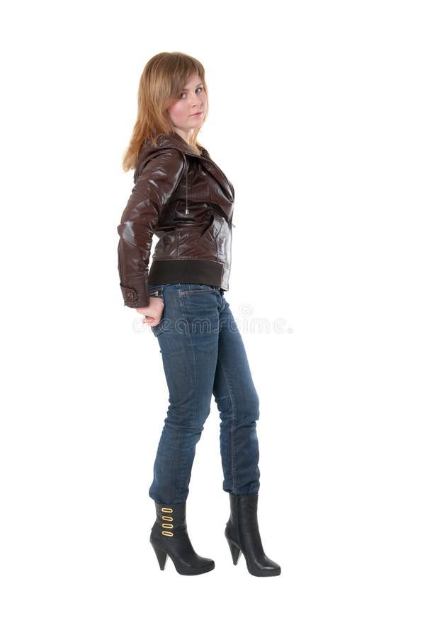 Girl in Leather Jacket and Jeans Stock Image Image of brown, hair
