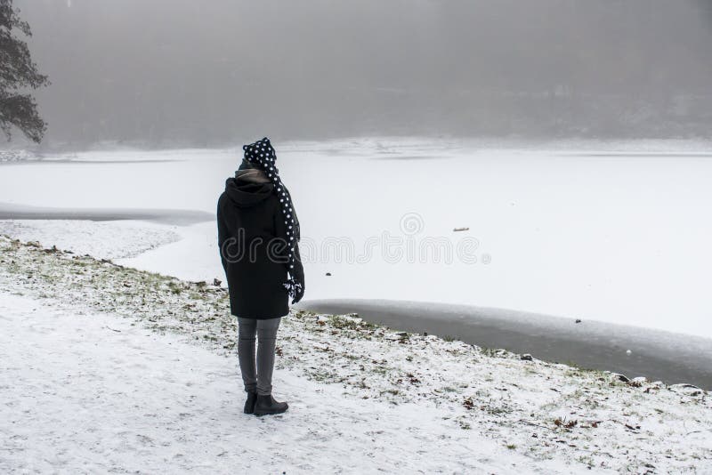 Girl lonely walking path and trees Winter wonder land 3