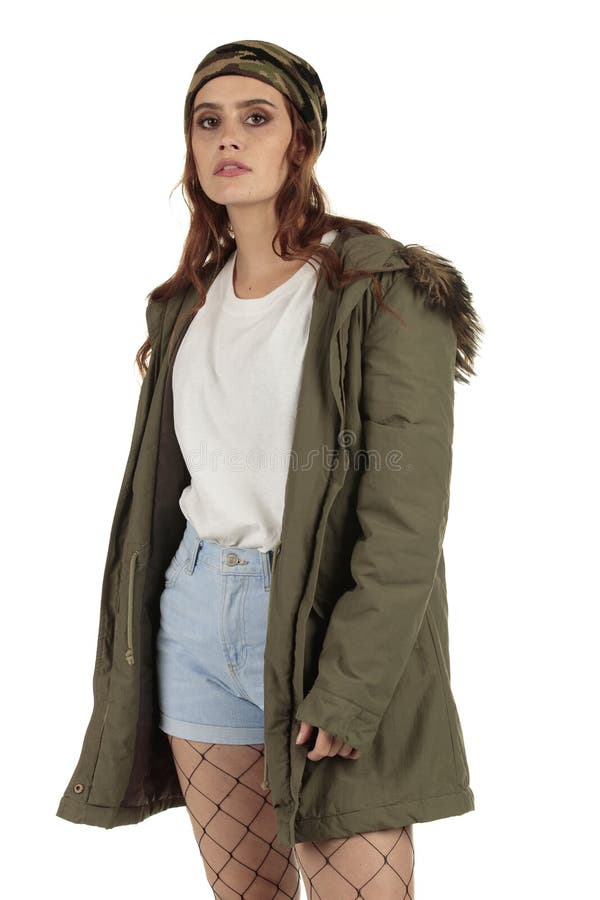 Pretty parka coat wearing grunge, rock punk girl in a long oversized white t-shirt with a blank space ready for your design