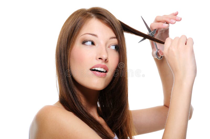 Girl Long Straight Hair Cutting Them With Scissor Stock 