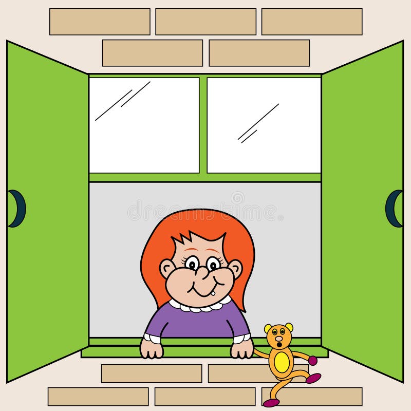 Cute small child looking out the window holding her teddybear hanging over the window ledge. Cartoon characters. Cute small child looking out the window holding her teddybear hanging over the window ledge. Cartoon characters.