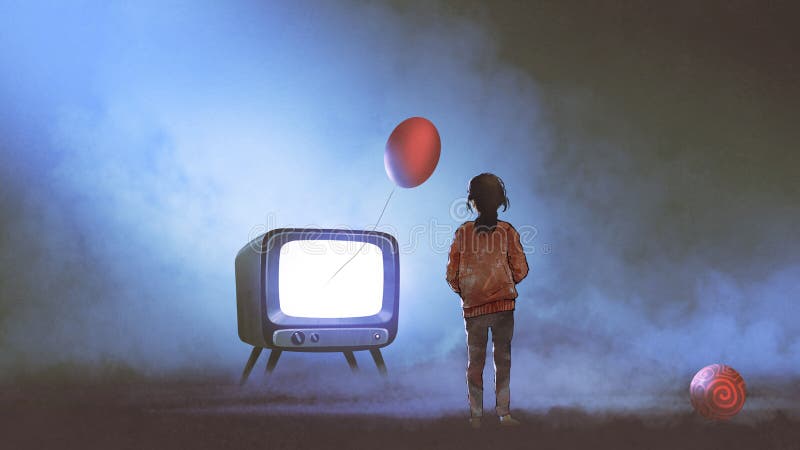 Girl looking at red balloon coming out of TV