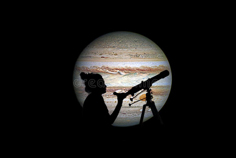Girl looking at the stars with telescope. Jupiter planet royalty free stock photo Girl looking at the stars with telescope. Jupiter planet royalty free stock photo