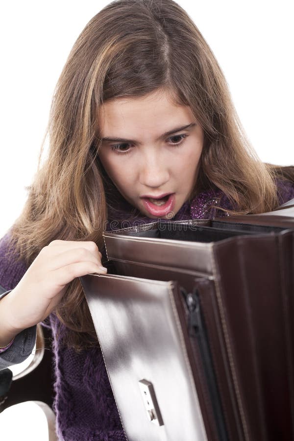 Girl looking to an empty briefcase