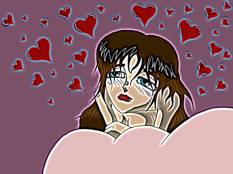Young Girl in love on a cloud, hearts, cartoon, character.
