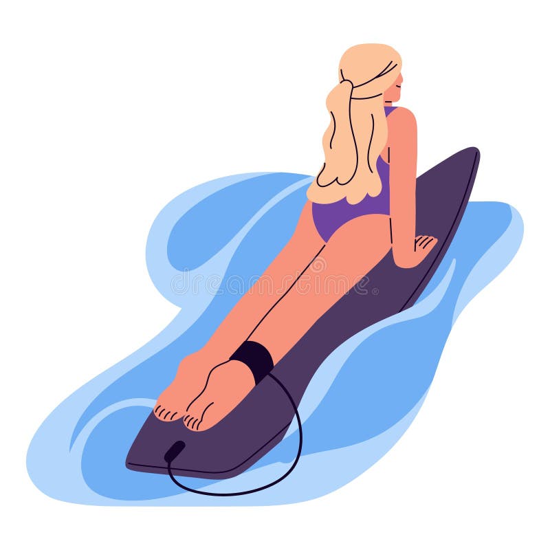 Girl lying on surfboard, swimming in ocean or sea water. Young woman surfing on board, relaxing on summer holidays