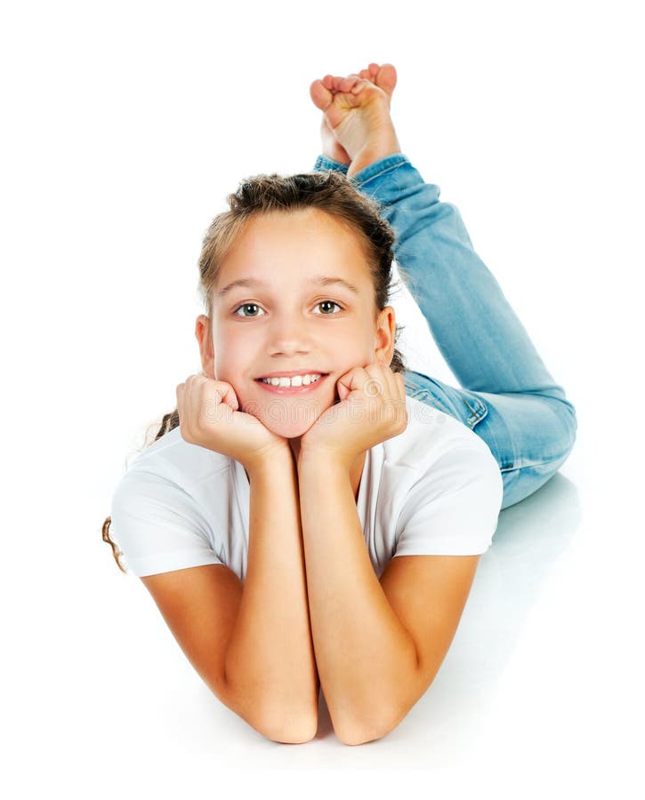 Girl lying on white floor