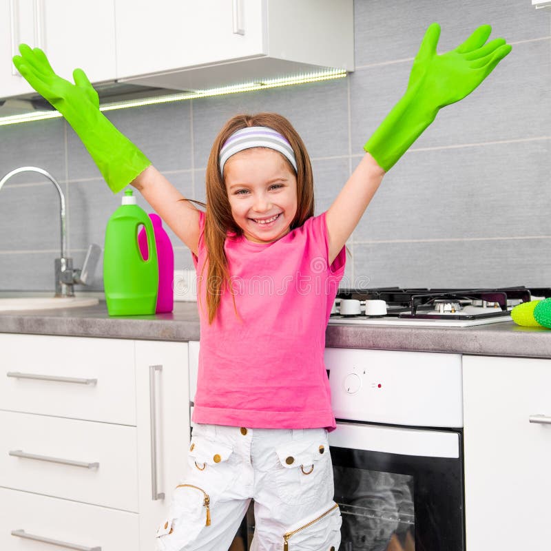 Girl Make Cleaning in the Kitchen Stock Photo Image of cooker