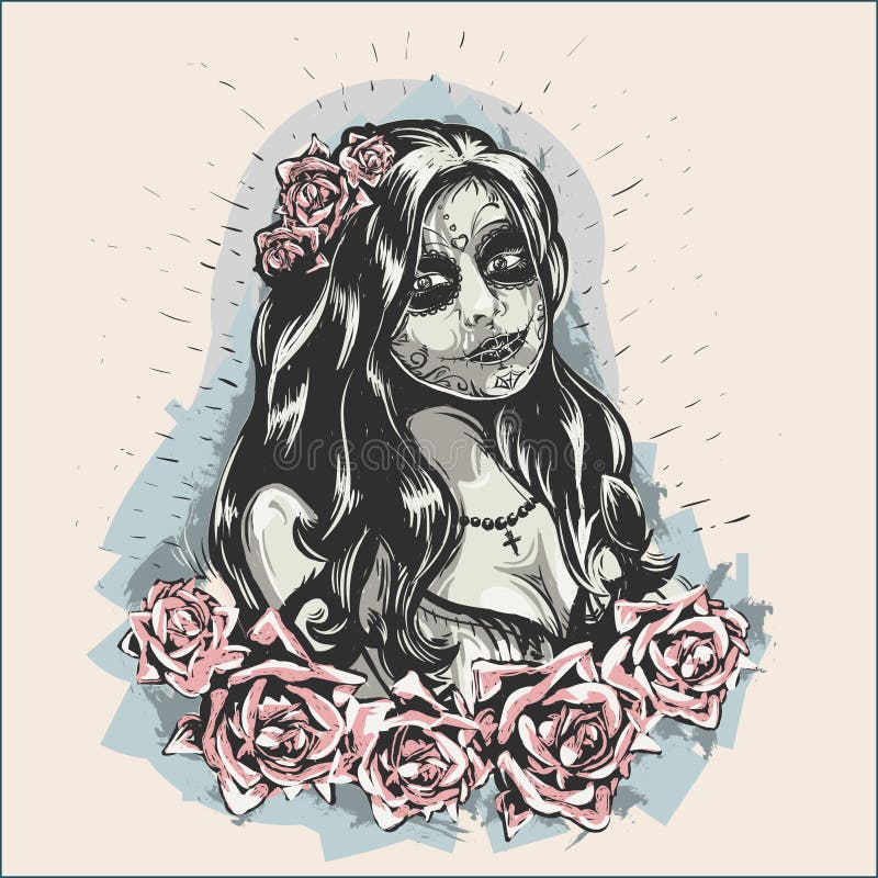 Girl in makeup Dia De Los Muertos Tattooed Lady Picture royalty free illustration Girl in makeup Dia De Los Muertos Tattooed Lady Picture royalty free illustration
