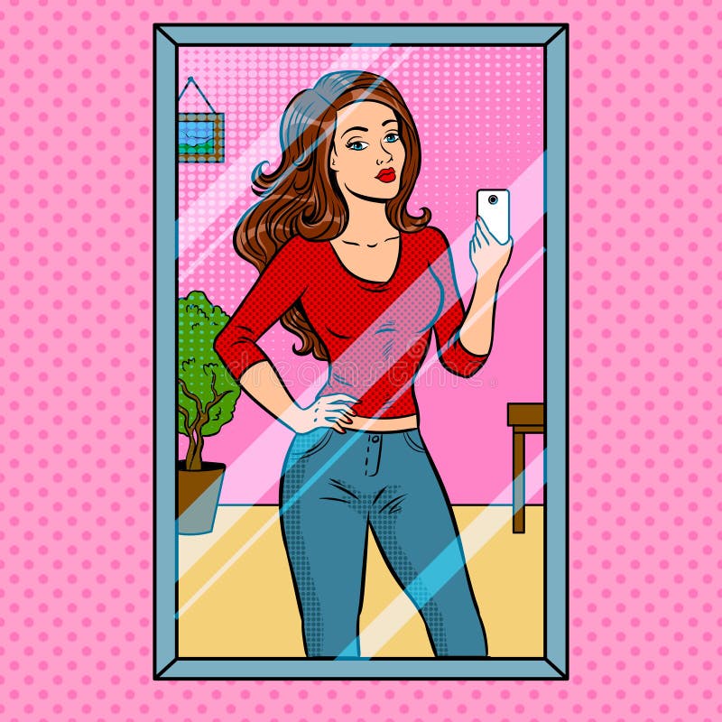 Girl is making selfie in the mirror pop art vector