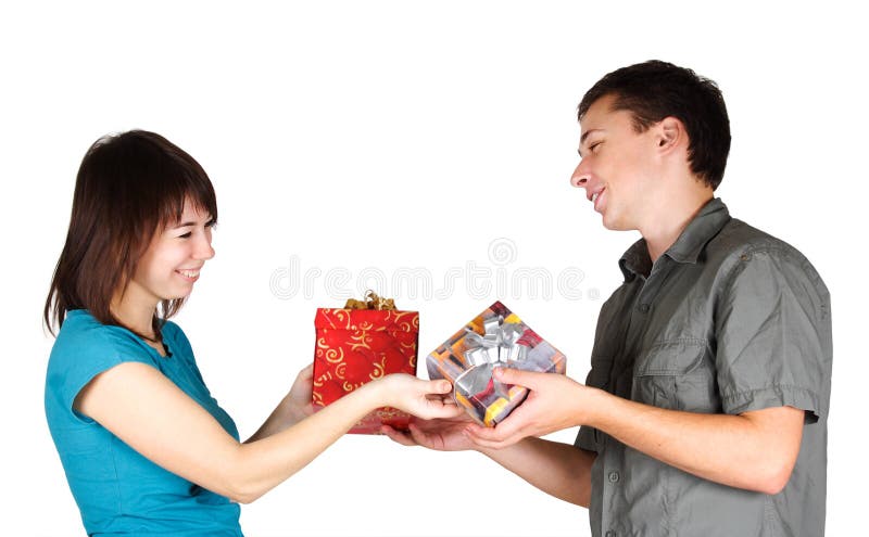 Girl and man present gifts to each other