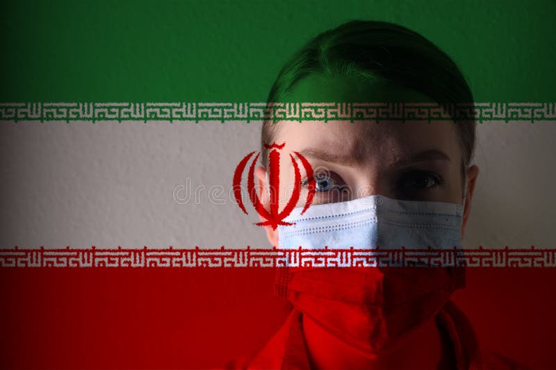 Girl in a mask against the background of the Iran flag; danger of disease, new virus...