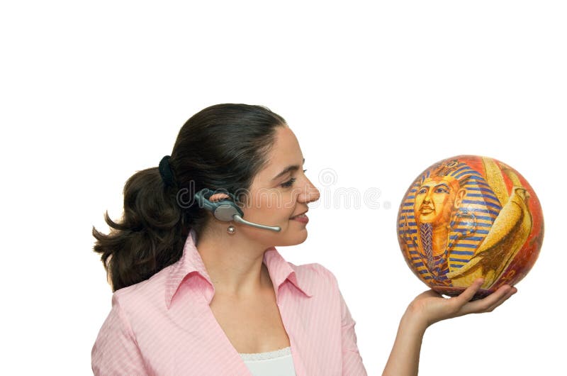 Girl with microphone and puzzle ball like globe