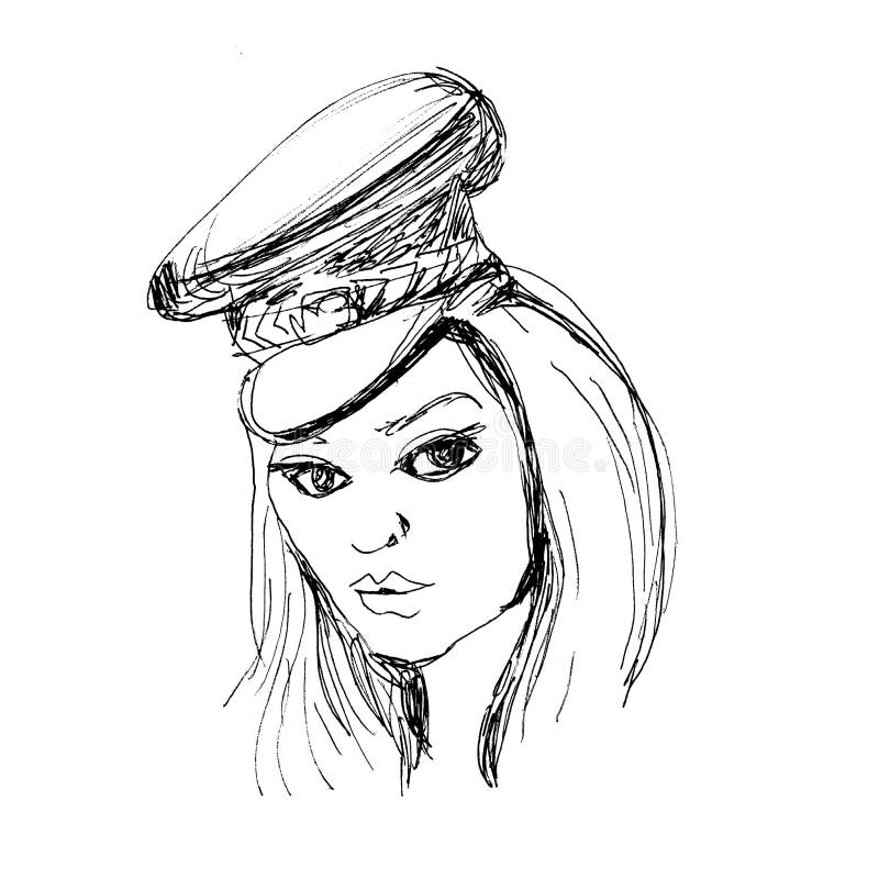 A Girl In A Military Cap A Pensive Woman A Piercing Look Ink Drawing