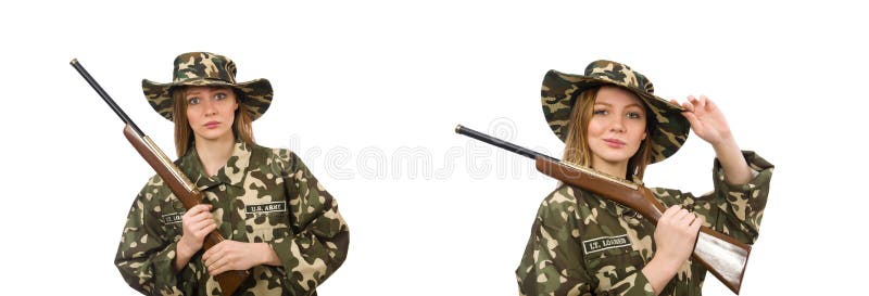 Girl in military uniform holding the gun isolated on white stock photos Girl in military uniform holding the gun isolated on white stock photos