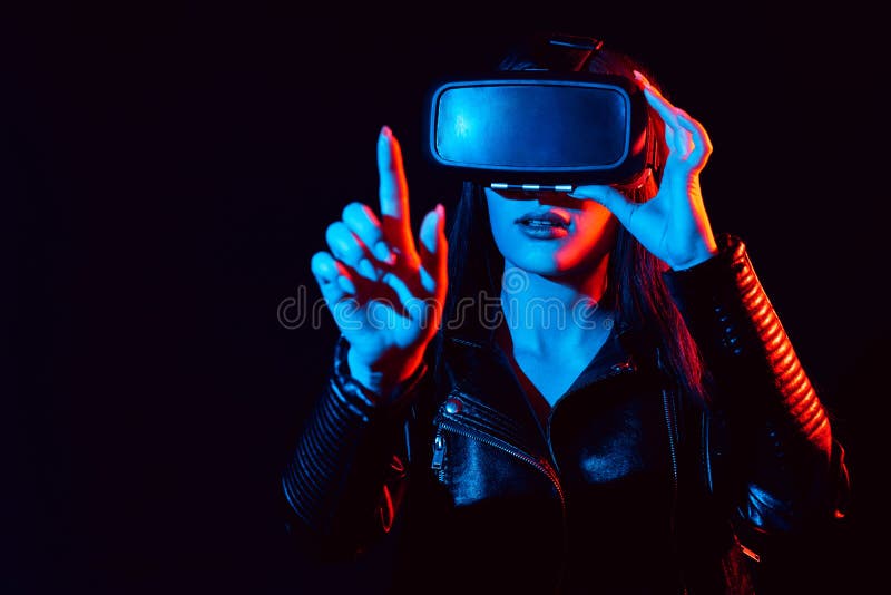 Girl in Modern Virtual Reality Glasses on a Black Background Stock Image -  Image of display, headset: 178859281