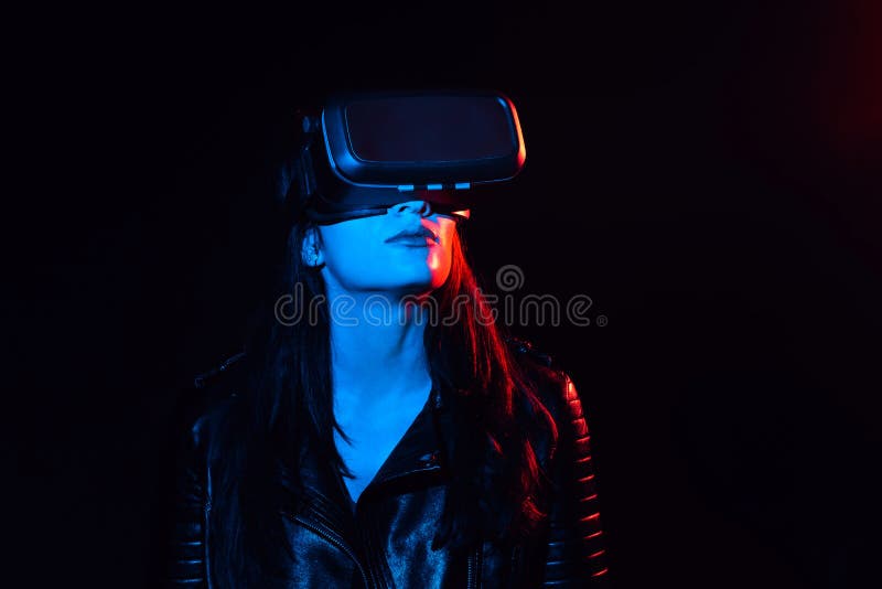 Girl in Modern Virtual Reality Glasses on a Black Background Stock Photo -  Image of digital, technology: 187079158
