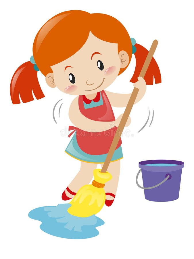 Girl washes the floor. Young beautiful happy woman cleans the floor with a  wet mop. Housekeeper does the cleaning. Vector illustration isolated on whi  Stock Vector Image & Art - Alamy