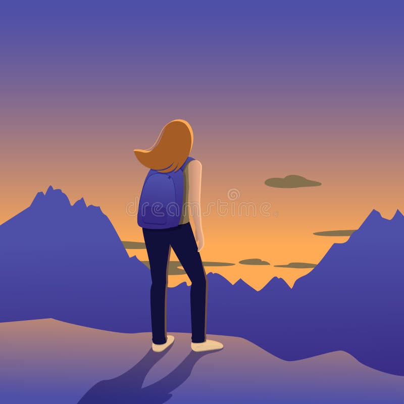 Girl in the mountains watching the sunset stock illustration Girl in the mountains watching the sunset stock illustration