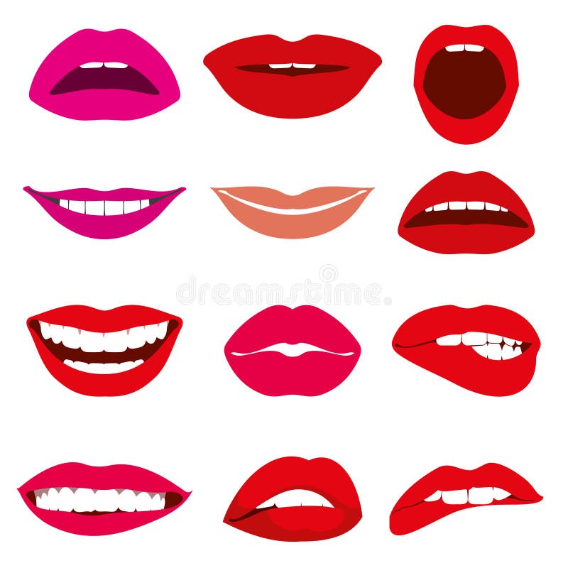Girl mouth lip gestures of different emotions vector set. Fashion of mouth lips and illustration beauty kiss lips