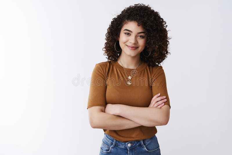 Girl not scared challenging tasks. Successful happy confident good-looking curly-haired customer service manager woman royalty free stock photo Girl not scared challenging tasks. Successful happy confident good-looking curly-haired customer service manager woman royalty free stock photo