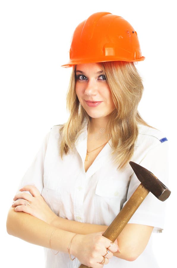 Girl in an orange helmet with hammer, isolated