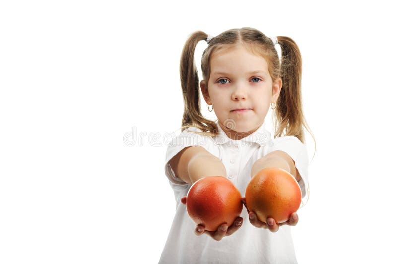 Girl with oranges stock image. Image of indicate, face 35665487