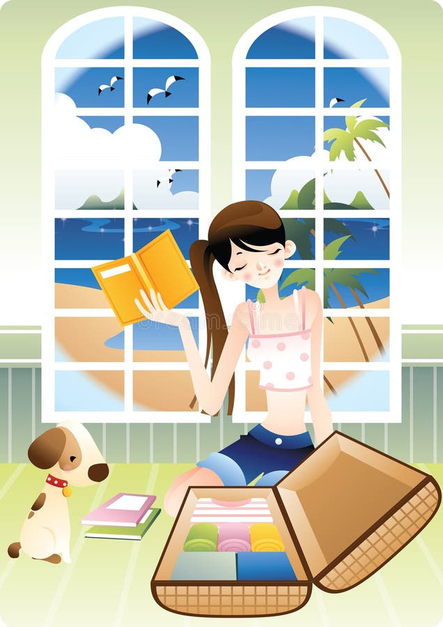 Girl packing her luggage. Vector illustration decorative design vector illustration