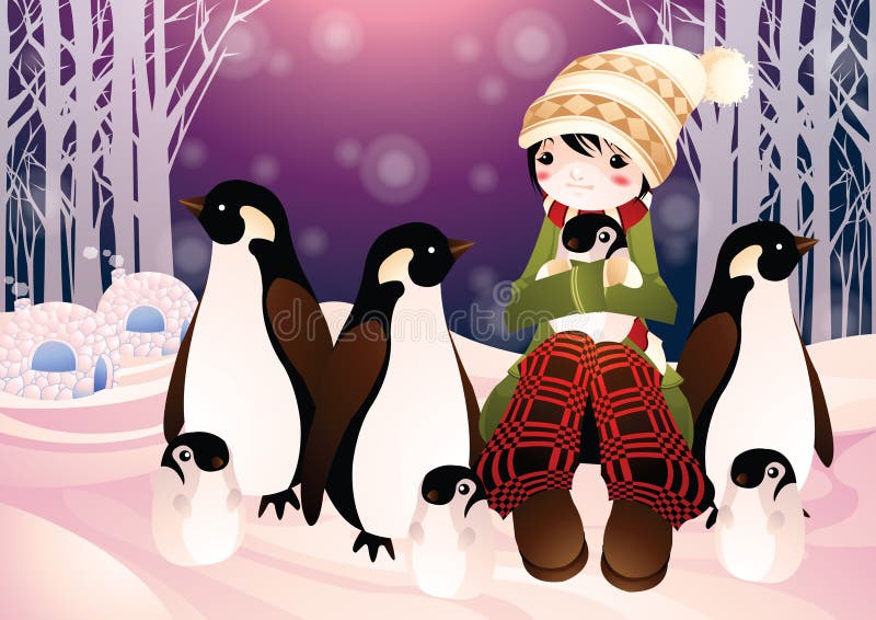 Girl with penguins in snow. Vector illustration decorative design vector illustration