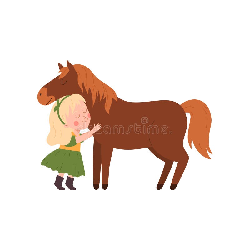 Girl Petting a Horse, Flat Cartoon Vector Illustration Isolated on ...