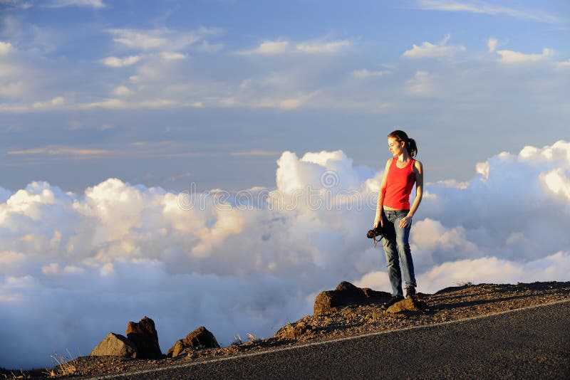 The Girl Photographer in Clouds. Stock Image Image of beauty