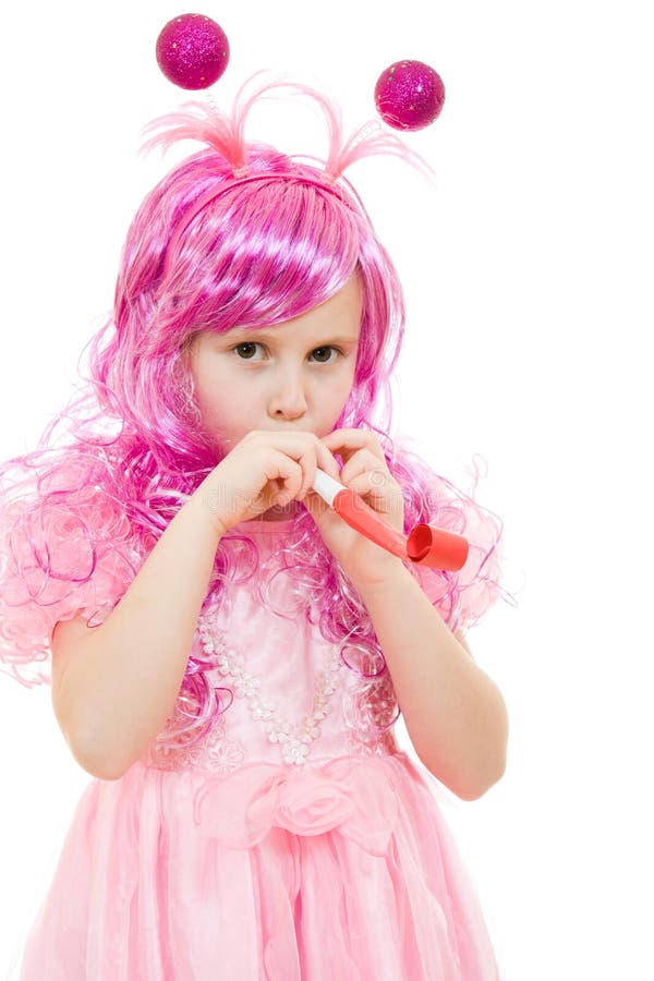 A girl with pink hair blowing a whistle