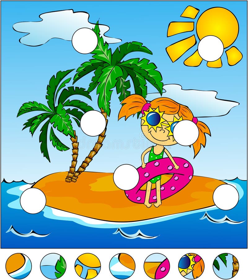 Girl with a pink rubber ring. Island with palm trees.