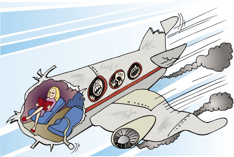 Kreslená ilustrácie dievča pokojne čítania knihy v padajúce havarovaného lietadla.