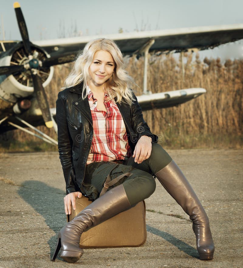 Girl at the plane stock image. Image of closeup, glamour - 35334983