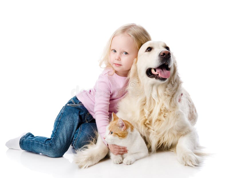 Girl playing with pets - dog and cat.