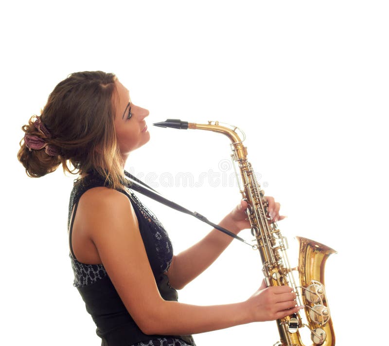 Girl playing the saxophone stock image. Image of instrument 27404871