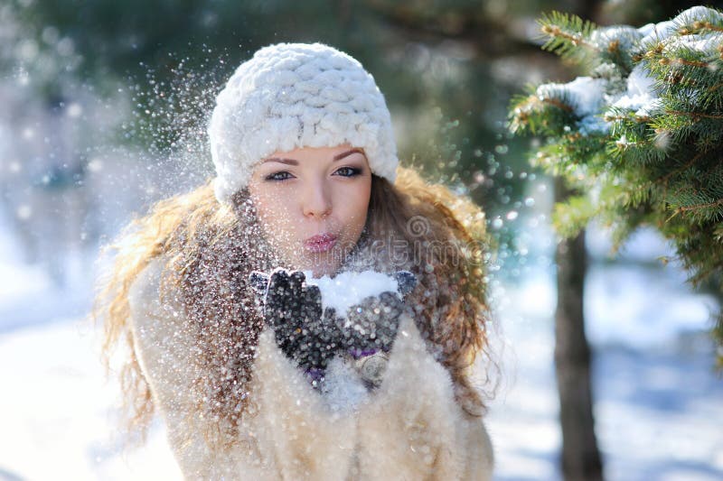 Girl Playing with Snow in Park Stock Image - Image of cute, christmas ...