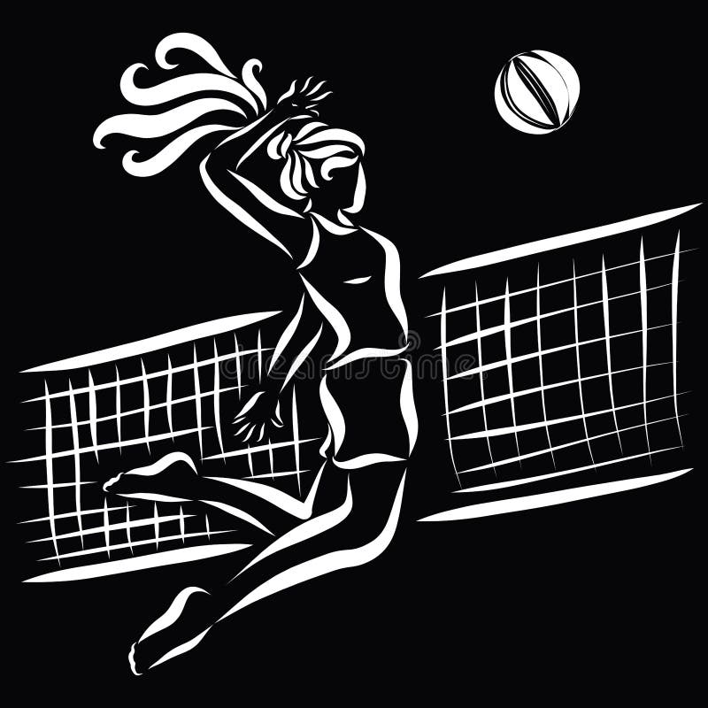Girl Playing Volleyball, White Sketch on a Black Background Stock ...