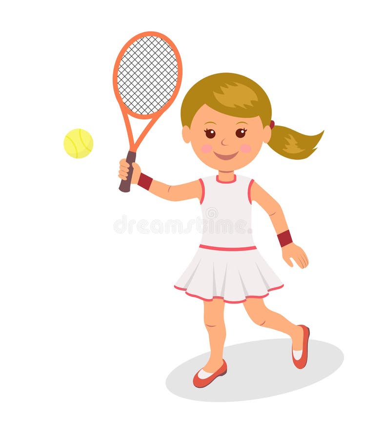 Girl plays tennis. The character of a woman with racket and tennis ball on a white background