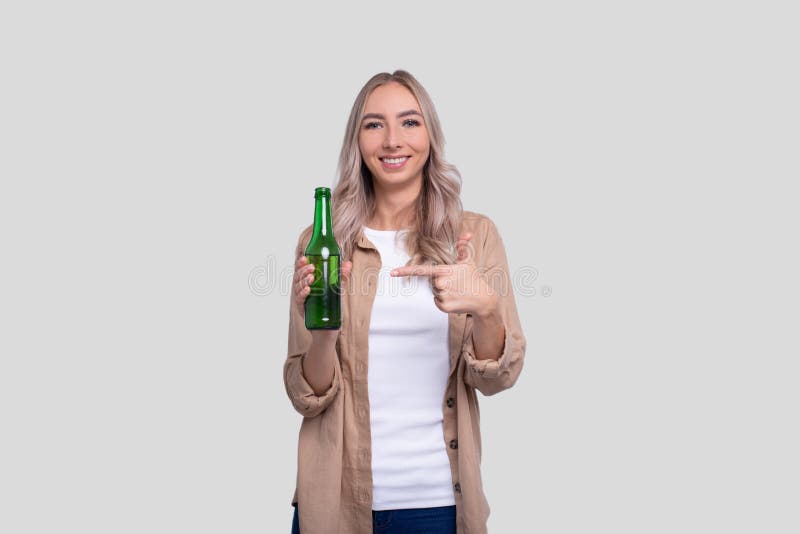 Girl Pointing At Beer Bottle Girl With Beer Bottle In Hands Stock Image Image Of European