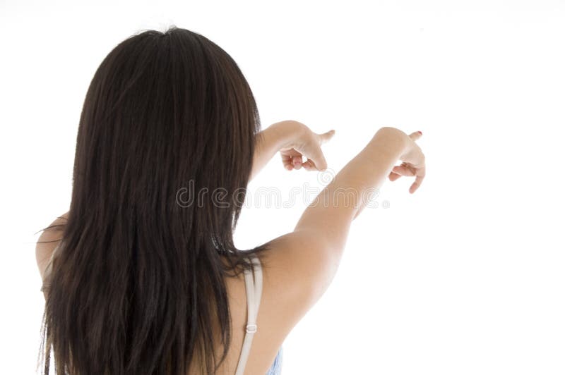 Girl with pointing hand gesture