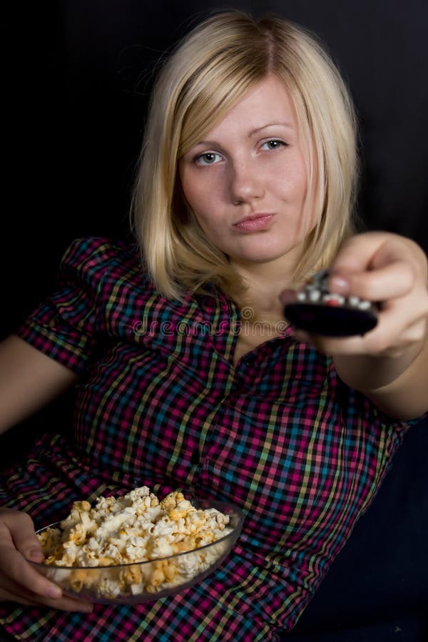 Girl with popcorn stock image. Image of beautiful, joyful 10766069