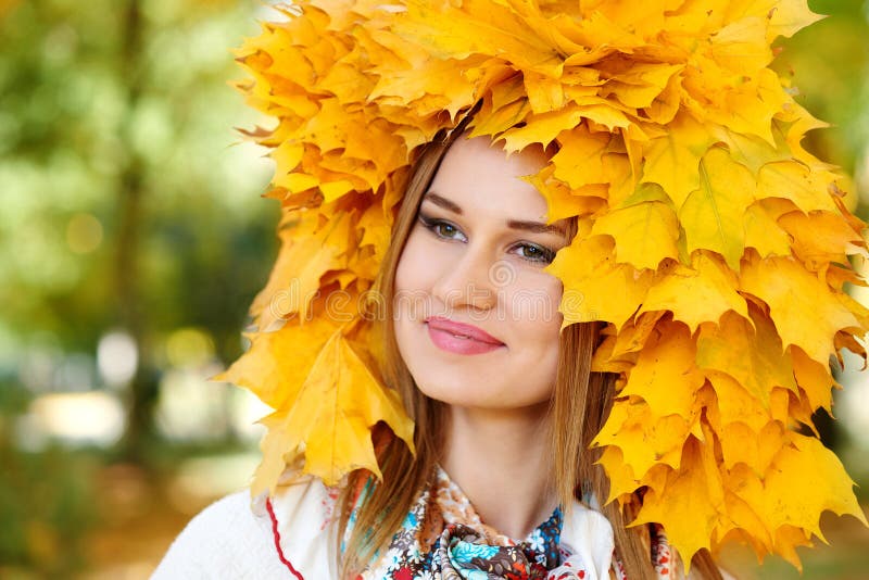 Girl Portrait with Leaves on Head in Autumn Stock Photo - Image of ...