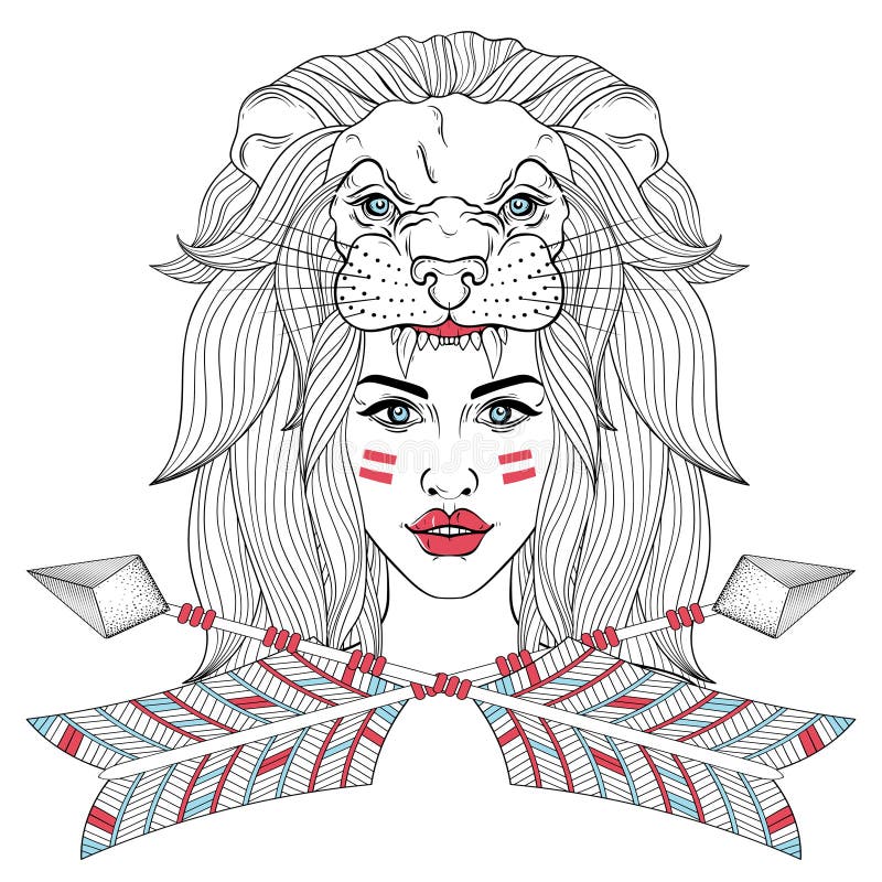 Girl portrait with mask of leon`s head, woman with boho tribal a stock illustration Girl portrait with mask of leon`s head, woman with boho tribal a stock illustration