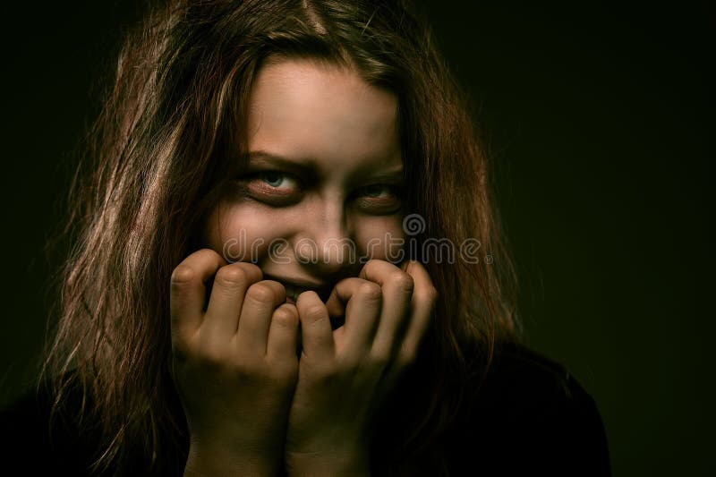 A Story About A Creepy Girl Smile Girl Possessed by a Demon with a Sinister Smile Stock Image - Image of