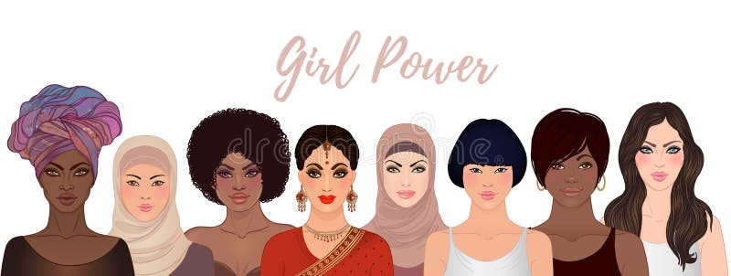 Girl Power. Female diverse faces of different ethnicity. Women empowerment movement. Isolated illustration in vector.