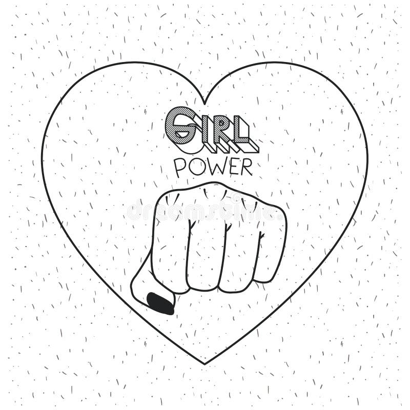 Girl power poster text and fist symbol in heart black silhouette over white background with sparkles